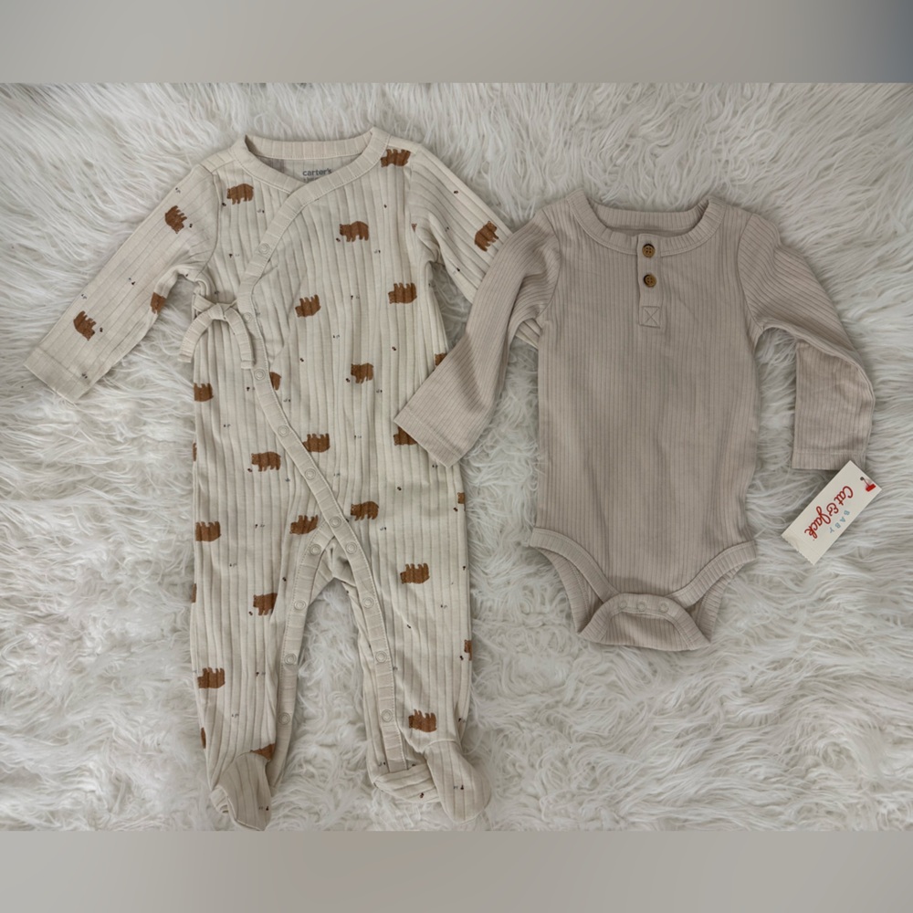 Carter's Beige and Cream Bear Print Kids One Piece Set and Cat & Jack Onesie
